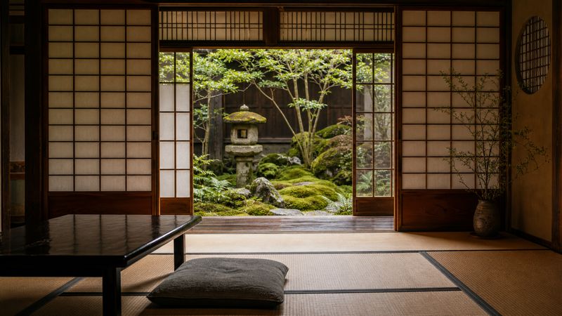 A tatami guest room looking out onto a small moss garden