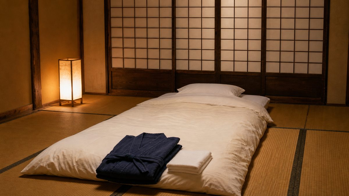 A futon laid out on tatami matting with a folded yukata robe and towel at its foot, lit by a paper floor lamp