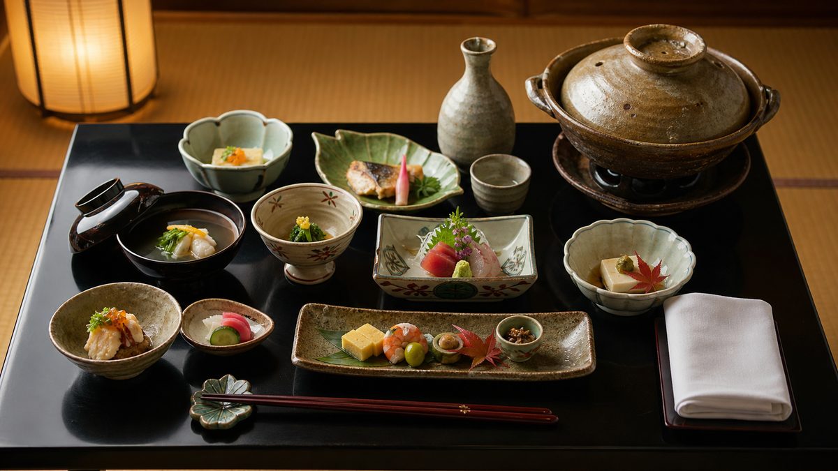 A kaiseki dinner of many small seasonal dishes arranged on a low black lacquer table