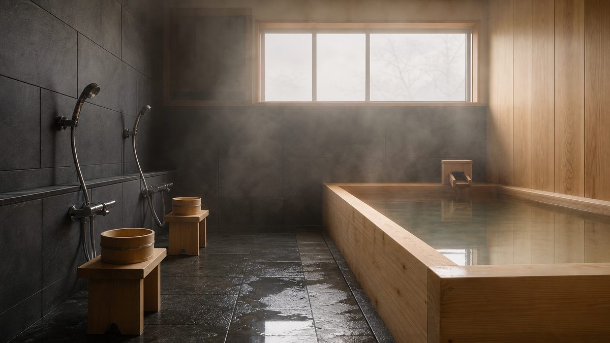 An empty traditional bath house with a wooden soaking tub and a row of low washing stations with stools and basins